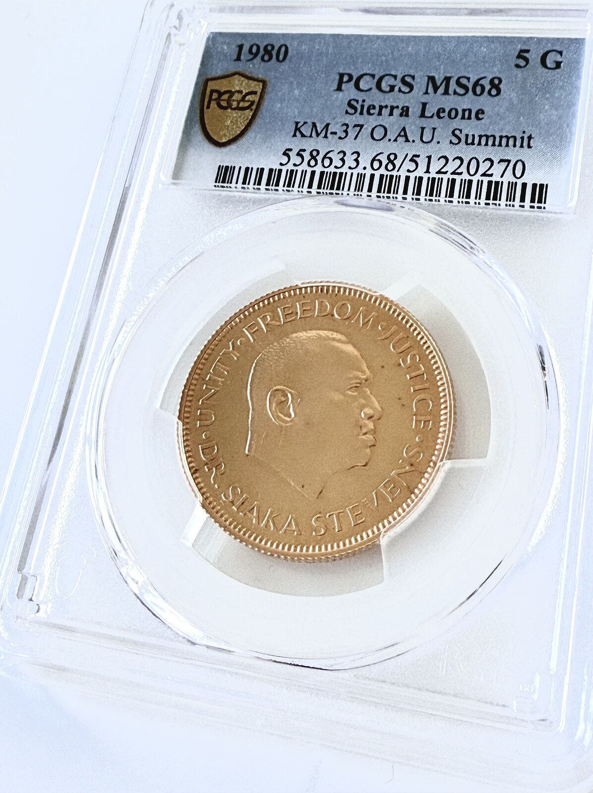 Sierra Leone 1980 5 Golds Oau Summit Conference Gold Coin Ms68