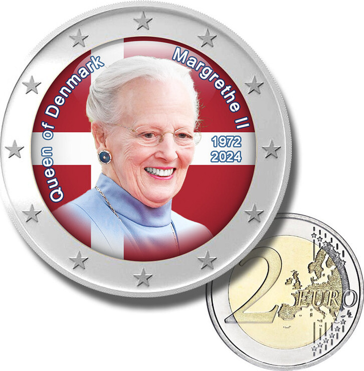 2 Euro Coloured Coin Queen of Denmark Margrethe II 19722024