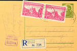 Serbien Ganzsachen Postal stationery postcard with value stamp 1, 50 Din. And additional franking over 3 Din. (pair) for registered fee as properly -