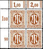Bizone 10 Pfg first issue of stamps for Germany after WW II., German printing, perforation D block of four from the corner, perfectly m -