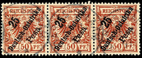Deutsch-Ostafrika 25 Pesa on 50 Pf. Crown / eagle, 3 line overprint, horizontal strip of three, each stamp clear Dar-es-Salaam 25 / II 97 -