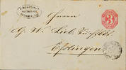 Württemberg Postablage-Stempel KIRCHHEIM and T. Small postal agency DETTINGEN A. SCHL. , oval cancel, on postal stationery cover 3 Kr., together with three c -