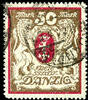 Danzig 50 Mark postal stamp large national coat of arms with vertical watermark, legitimately cancelled Gdansk *5 I, except for a tip at bot -