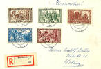 Saargebiet 8+2 to 50+20 Fr. Peoples help completely on registered letter with a set from SAARBRÜCKEN 20.11.50 to Coburg with arrival post -