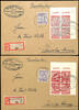 Roßwein 12 Pfg numerals, 570 years city Rosswein, silver respectively brown red overprint, both block of four from upper right corner, e -