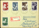 Saargebiet 12 Fr. - 50 Fr. Peoples help, complete set with 5 values on postage exceeding tariff rate registered letter, cover with transpor -