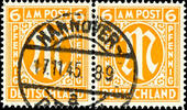 Bizone 6 Pfennig first issue of stamps for Germany after WW II., perforated 14 3 / 4 : 14 1 / 2, horizontal pair, used Hanover 17.11.45, photo -