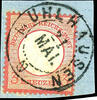 Deutsches Reich 3 Kreuzer small breast shield, carmine, cancelled by still used Baden cancel Mulhouse 21 May on piece, very fine, photo expertize Somme -