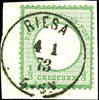 Deutsches Reich 1/3 Groschen 1 / large shield, green, cancelled by single circle. Riesa 4 1 73 on piece, extremely fine copy -