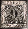 Baden 9 Kreuzer black on antique pink, having bright colours copy with five ring postmark 109 from Pforzheim, normal Baden cut, otherwise pri -