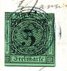 Baden Nummernstempel 110 - Pfullendorf in blue, centric and clear on piece with 3 Kr. Black on green, issue typical cut -