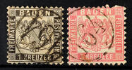 Baden Nummernstempel 164 (ring cancel) - railway mail, each centric clear on 1 Kr. Black (defects plus repaired) and 3 Kr. Rose (thin) -