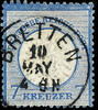 Baden Nachverwendungen BRETTEN 10 MAY - single circle cancel, wonderful clear on at the bottom a little uneven perforated 7 Kr. Large shield -