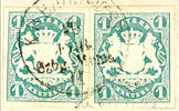 Bayern 1 Kreuzer dark blue green, two pieces, both with wide margins, with railway mail cancel on piece, superb in every respect (choice copy), -