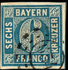 Bayern offene Mühlradstempel 654 - fishes, in right lower corner placed strike on full / wide margined 6 Kr. Blue, at the bottom a small thin -