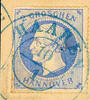 Hannover Ortsstempel hair - blue two ring cancel, on piece 2 Gr. Rouletted, horizontal crease -