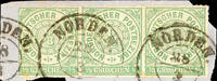 Hannover Nachverwendungen NORDEN - two ring cancel, clear on small letter piece North German Postal District horizontal strip of three 1/3 Gr. -