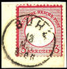 Deutsches Reich 3 Kr. Carmine, large shield, plate flaw VI, smaller stamp format L15, with Baden single circle postmark BUEHL on piece, photo -