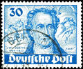 Berlin 30 Pfennig 200. Birthday of Johann Wolfgang von Goethe, plate flaw I colour point left above besides J from J. W. From GOETHE, neat ca -
