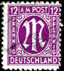 Bizone 12 Pfennig first issue of stamps for Germany after WW II., dark violet magenta, double imprint, used Cologne bric-a-brac 17.8.45, photo -