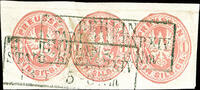 Preußen Ganzsachen-Ausschnitte 1 Silbergroschen 1 silver cut out of postal stationery round cut, 3 pieces on piece with framed cancel of 3 lines BERLIN local post EXP : IV 13. -