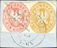 Preußen Ganzsachen-Ausschnitte 3 Sgr. Cut out of postal stationery without overprint and 2 Sgr. With overprint, in each case a little closely square cut on sup -