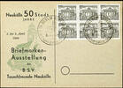 Berlin 1 Pfg Berlin buildings, block of six on unmailed card with cancellation BERLIN NEUKÖLLN 1.4.49, positions 44 - 46 and 54 - 56 -