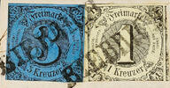 Thurn & Taxis 1 Kr. On gray green along with 3 Kr. On dark blue and two clear and diagonal mounted one-line cancel BIEBRICH (Duchy Nassau) o -