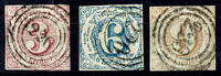Thurn & Taxis 3 Kr. Rose, 6 Kr. Blue and 9 Kr. Brown, three having bright colours and on all sides full margins faultless stamps, uniform with -