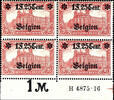 Belgien 1 F. 25 C, 25: 17 perforation holes, type II, block of four from lower margin of the sheet with overprint HAN H 4875.16, mint -