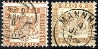 Baden 9 Kreuzer coat of arms, pale brown and yellow brown, each having bright colours extremely fine copy, each used MANNHEIM, expertized Ste -