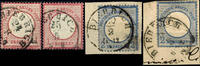 Thurn & Taxis Nachverwendungen BIEBRICH - single circle cancel, clear on 1 Gr. Small (corner tooth perforation crease) and 1 Gr. Large shield as well clear a -