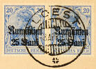 Rumänien 25 B. On 20 Pfg Germania, dark ultramarine, horizontal pair, used PLOESTI 8 April 918 on piece, expertized Hey BPP, Michel 150 -