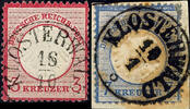 Thurn & Taxis Nachverwendungen KLOSTERWALD - single circle cancel, clear on 3 Kr. Small breast shield (perforation defects) and letter piece 7 Kr. Large shie -