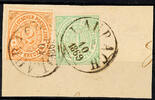 Thurn & Taxis Nachverwendungen LAUBACH 3 10 1868 - single circle postmark with, two strikes on piece North German Postal District 2 Kr. Rouletted (minimal ox -