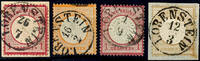 Thurn & Taxis Nachverwendungen LOBENSTEIN - single circle cancel, clear on four different deep rich colours values, beneath two letter pieces -