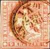 Württemberg 9 Kreuzer light red crimson, plate flaw I, having bright colours copy in the issue typically cut, expertized Irtenkauf BPP, Michel 400.- -