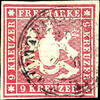 Württemberg 9 Kreuzer medium red carmine from upper margin, centric cancellation two ring cancel K. Wuerttemberg driving. Post office, lower right -
