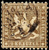 Württemberg 9 Kreuzer black brown used, defects, Michel 220.- -
