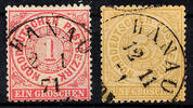 Norddeutscher Postbezirk Ablöser-Stempel HANAU - replacement single circle cancel, each centric clear on North German Postal District 1 and 5 Gr. Perforated, latter sm -