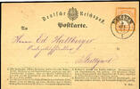 Deutsches Reich 1 / 2 Gr. Orange with plate flaw colour line from outside circle to the H in German, used DRESDEN 5 September 72 on card to -