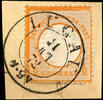 Deutsches Reich 1 / 2 Gr. Orange, large shield, plate flaw X, with full Saxony two ring cancel LUGAU on postcard coupon, photo expertize Somme -