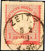 Deutsches Reich GROSCHEN 1 Gr. Carmine with very distinctive missing printing and paint application in the lower margin under with single circle ZEITZ -