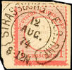 Deutsches Reich 1 Gr. Carmine with vertical paper wrinkle, with horseshoe cancel STRASSBURG i. ELS. BHF 12 AUG 74 on piece, small marginal tea -