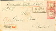 Deutsches Reich 1 Gr. Carmine large shield, 2 single values as multiple franking on accompanying letter for parcels from MUELHEIM A. D. MOSEL 2. -