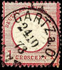 Deutsches Reich 1 Gr. Carmine, large shield, plate flaw V, small stamp format L15, centric clear Prussia single circle postmark GARTZ on O. 24 -