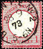 Deutsches Reich 1 Gr. Carmine, large shield, plate flaw X, having bright colours, excellent embossed, centered and perforated extremely fine cop -
