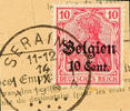 Belgien Stempel SERAING 1a 14 IX 1918, clear on package cards cut 10 C. -