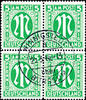 Bizone 5 Pfg. First issue of stamps for Germany after WW II., perforated 14 3 / 4 : 14 1 / 2, block of four, centric cancellation WINNI -