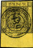Baden 6 Kreuzer black on yellow with 10 mm wide lower margin, centric cancellation five ring postmark 139 STOCKACH, left minimal cut into and -